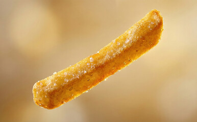 Golden Crispy Curly Fry Floating Against a Warm Blurred Background