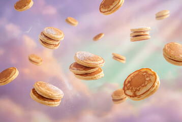 Flying Pancakes in a Dreamy Sky - miniature pancakes dusted with powdered sugar appear to be floating in a dreamy sky filled with pastel clouds of pink, purple, and orange hues.