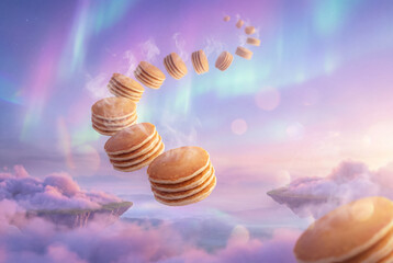 Multiple stacks of pancakes, some emitting steam, spiral gracefully above a purple and pink cloudscape with small floating landmasses, reminiscent of a fantastical journey.
