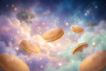 Pancakes Floating in a Magical Glow - single pancakes drift in a warm, glowing, mystical sky full of soft clouds, light streaks, and floating bubbles, suggesting a sweet and magical dream.