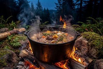 Campfire Stew in the Twilight Forest - a steaming, dark cast-iron pot filled with meat and vegetable stew sits directly on glowing campfire logs in a twilight forest setting with moss and ferns.