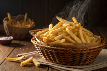 Steaming Hot French Fries in a Basket with Ketchup and Mayonnaise
