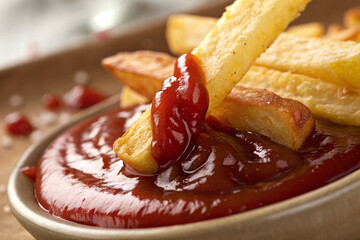 Crispy French Fry Dipped in Rich Ketchup