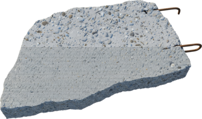 Broken concrete slab fragment showing aggregate rebar reinforcement and fine parallel lines on surface texture construction