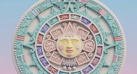 Obraz premium Detailed rendering of a stylized ancient circular calendar sculpture with pastel colors
