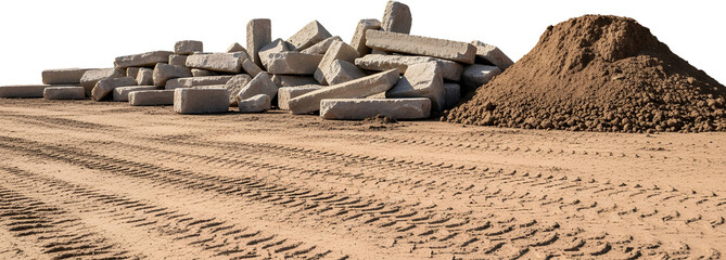 Pile of rough stone blocks and heap of dirt on sandy ground with vehicle tire tracks construction material aggregate soil