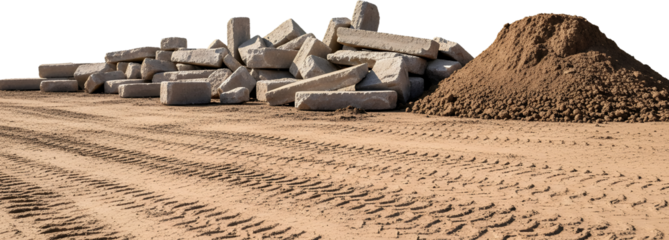 Pile of rough stone blocks and heap of dirt on sandy ground with vehicle tire tracks construction material aggregate soil