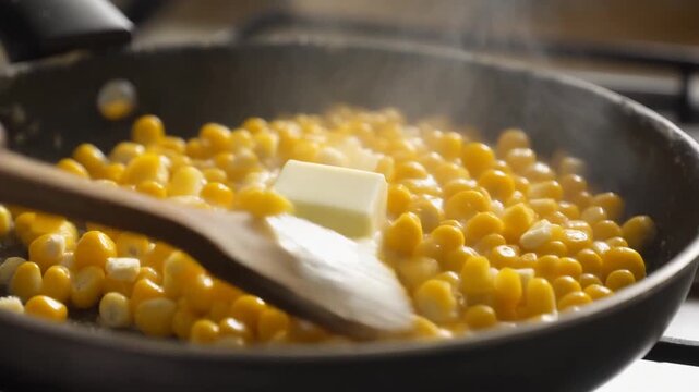 close up shot of butter melting over hot corn kernels creating rich sizzling texture and warm cooking atmosphere
