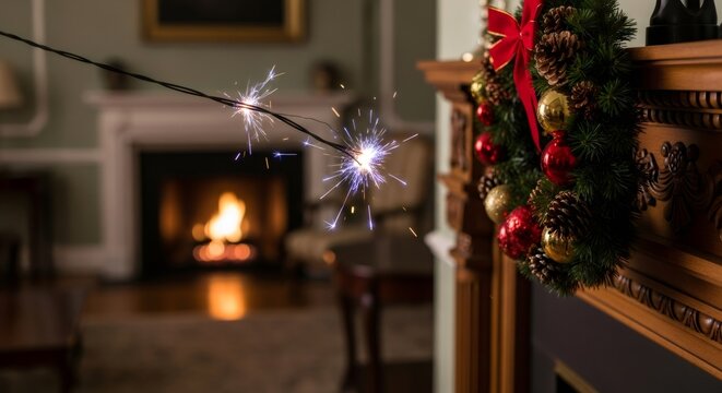 Electrical short circuit of firework string lights ignites near Christmas wreath on mantelpiece. Fire safety hazard for New Year.