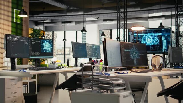 PC monitors on startup office desk showing artificial intelligence neural networks. Computers in company workspace used for AI deep learning software code testing and quality assurance