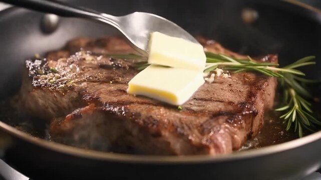 close up shot of steak sizzling with butter basting and herbs creating juicy rich gourmet texture