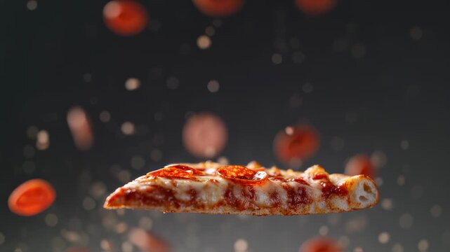 Delicious pepperoni pizza slice floating amidst falling pepperoni and spice grains, a culinary