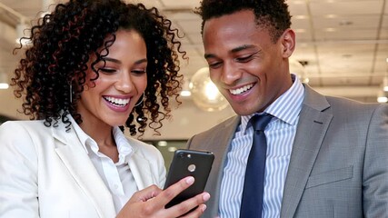 business colleagues review smartphone data showing positive growth, smiling and collaborating in office | business, technology, finance, partnership, communication theme - Powered by Adobe