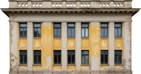 Weathered yellow building facade with classical architectural details featuring tall windows and pilasters showing peeling paint and aged texture