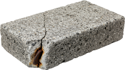 A cracked concrete block with exposed rusty rebar showing signs of wear and tear broken construction material damaged textured