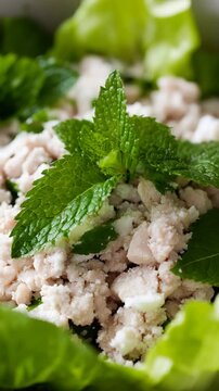 Close-up of fresh Thai larb salad with ground chicken, mint, and crisp lettuce leaves.