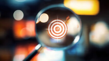 Fototapeta premium Magnifying glass highlighting a dartboard symbolizing strategy, planning and leadership