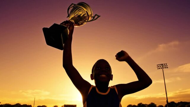 A jubilant young person, silhouetted against a radiant golden hour sky, proudly hoists a gleaming trophy high overhead with one hand, while the other is clenched in a fist of pure elation. A wide, tri