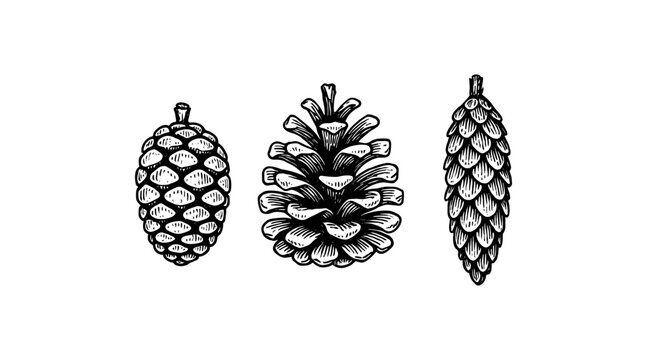 Hand-drawn illustration of three detailed pine cones on a white background