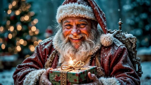 A cheerful and cunning Santa smiles charmingly and winks cheerfully