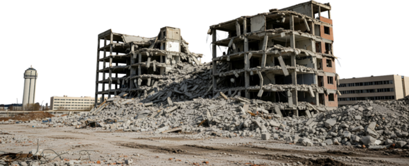 Demolition site with partially destroyed concrete buildings rubble and a distant tower destruction construction ruins debris