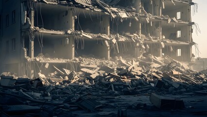 Desolate City Ruin After Collapse With Debris Piled High.