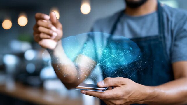 Close up of a person processing a contactless payment with a credit card and smartphone, highlighting innovation in fintech. Digital connections symbolize secure and fast transactions