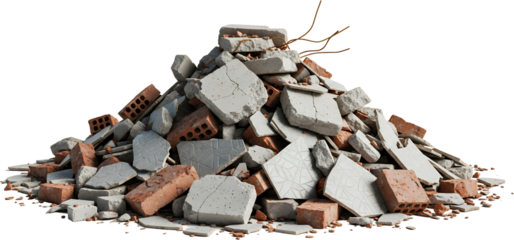 Pile of broken bricks and concrete debris remnants of construction demolition with visible rebar scraps rubble building material