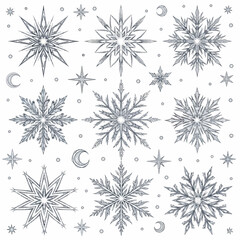Elegant Winter Snowflake Pattern Featuring Various Snowflake Designs and Celestial Elements for
