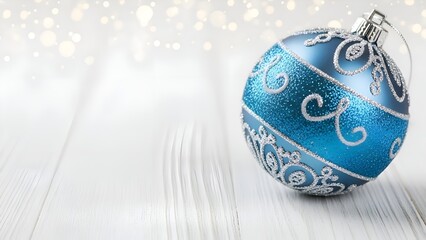 Festive Blue and Silver Christmas Ornament on White Wood with Bokeh Lights