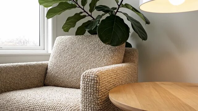 Cozy armchair and wooden table in a bright room with a plant.