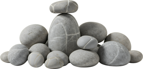 Stacked smooth grey river stones with natural white vein patterns on a transparent background rocks pile zen pebble balance