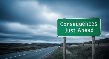 A green road sign indicating consequences are just ahead on a desolate highway under a cloudy sky.