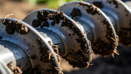Close-up of Industrial Auger Screw with Earth, Precision in Earthworks