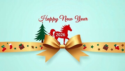 Illustration of New Year greeting card design with horse, tree, and decorative ribbon   