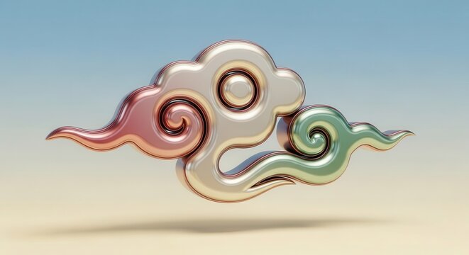 Stylized metallic ornament shaped like an auspicious cloud floats against a soft gradient backdrop