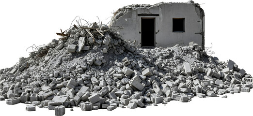 Ruined concrete building with debris and exposed rebar after demolition or destruction rubble construction waste material