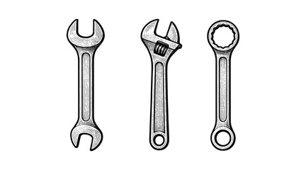 Engraved illustration of three different wrenches on a white background