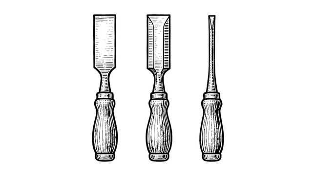 Detailed illustration of three wood chisels isolated on a white background