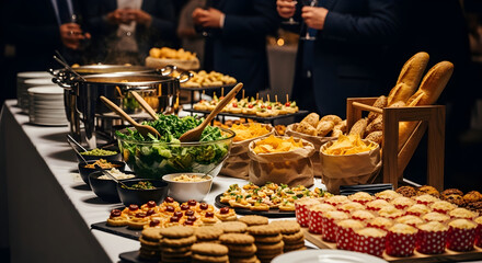 Fototapeta premium Elegant Buffet Spread with Assorted Appetizers and Desserts at a Formal Event