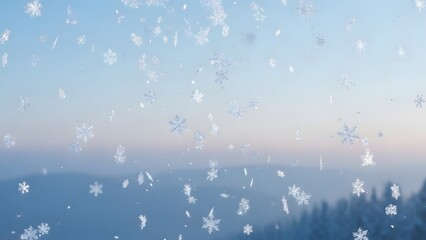 Winter Scene Through Frosted Glass with Falling Snowflakes and Distant Forest.
