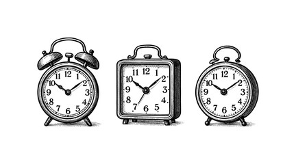 Vintage alarm clocks in a row, black and white illustration