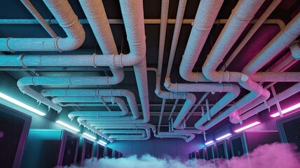 Futuristic industrial pipes ceiling with neon blue and pink lights and misty smoke in modern cyberpunk tunnel interior