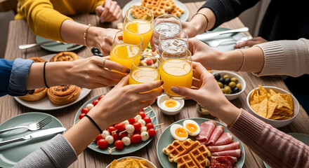 Friends toasting with orange juice and water at a delicious buffet spread
