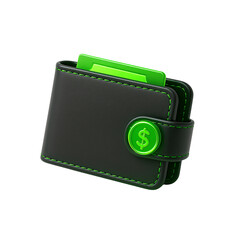 Modern 3D black wallet with glowing green dollar sign button and credit card on a dark background. wallet, money, finance, dollar, payment