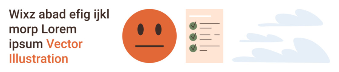 Communication, evaluation, assessment, data organization, task completion, and feedback. Neutral emotion, a checklist with checkmarks and text placeholder. Communication and evaluation concept
