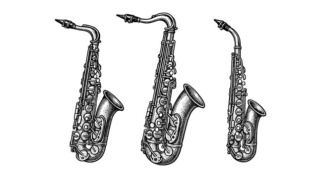 Detailed illustration of three saxophones in a classic engraving style