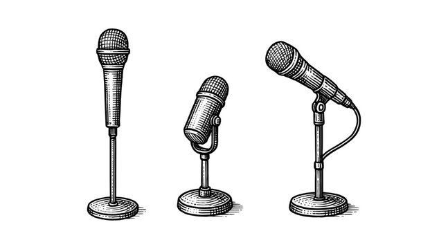 Vintage microphone illustrations in black and white, perfect for music and audio projects