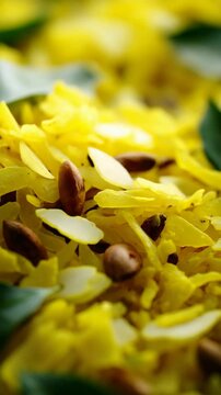 Vibrant Indian Flattened Rice Snack with Nuts and Spices, a Delicious Traditional Breakfast.