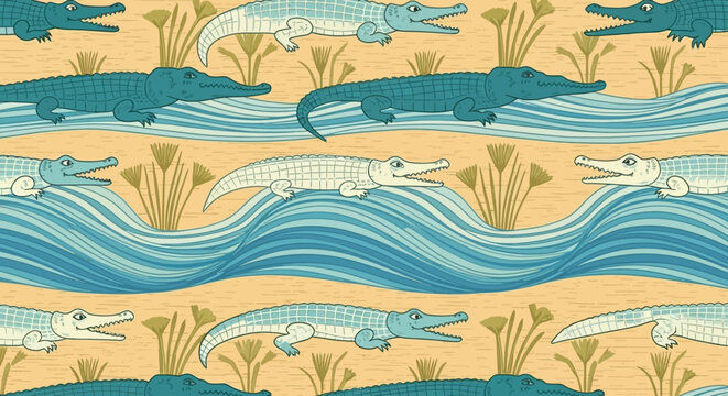Seamless pattern featuring stylized Egyptian crocodiles swimming in wavy blue water with papyrus plants ideal for textile design wallpaper or historical backgrounds